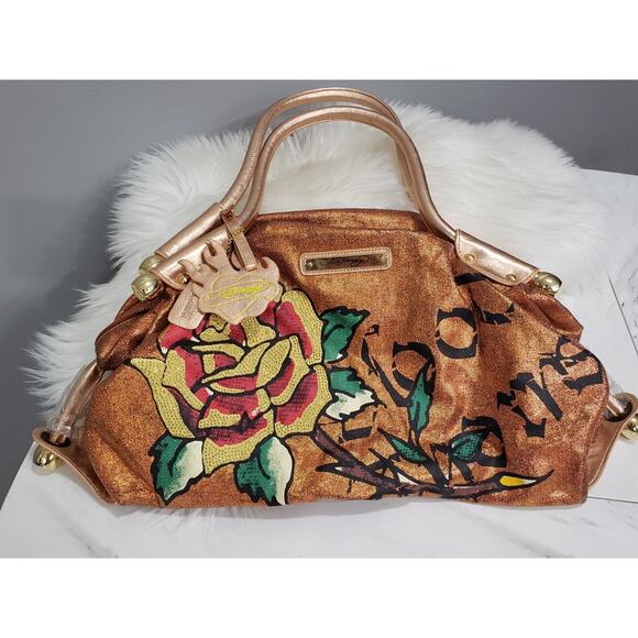 NWOT Ed‎ Hardy Tyla Hobo Bag Roses Metallic Oversized Y2K Bag Vintage Bowler - Picture 1 of 11